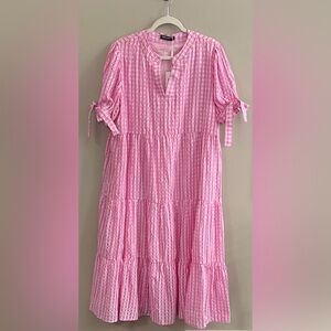 Theenkoln Short Sleeve V-Neck Tiered Gingham pink midi dress size XL